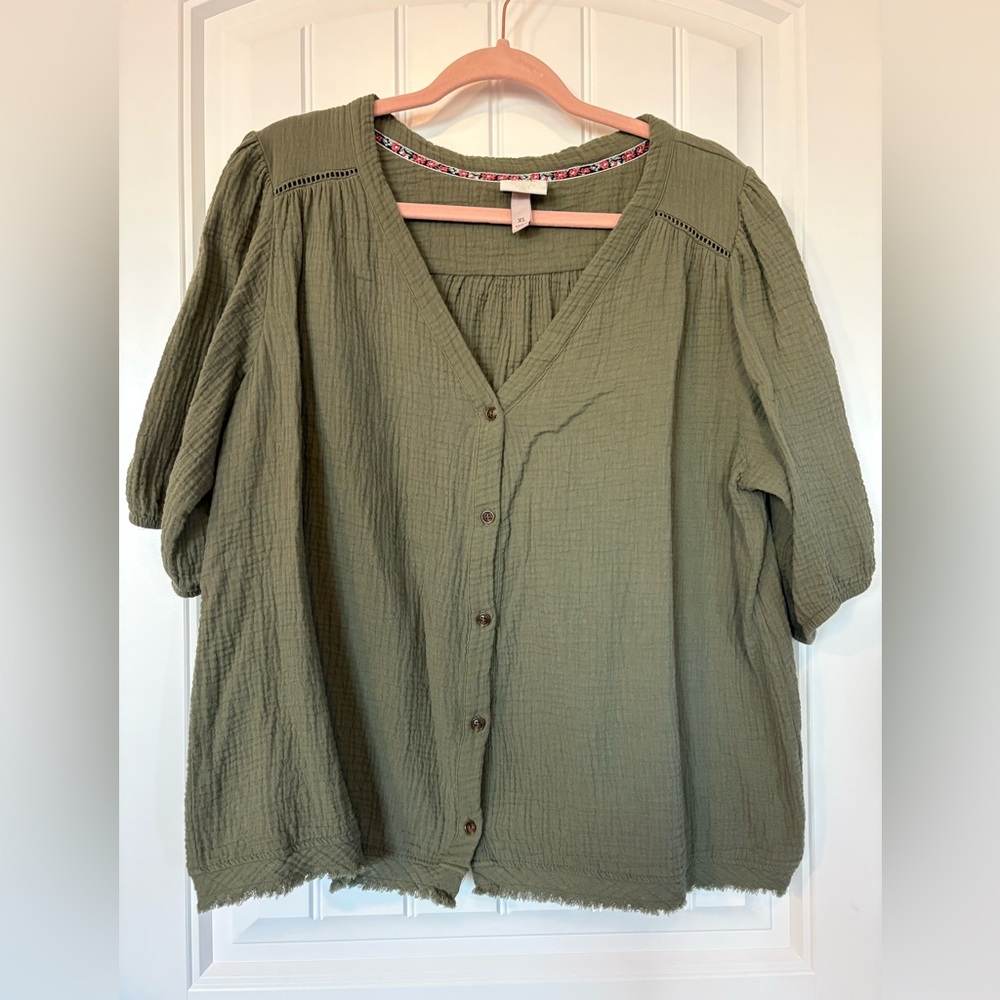 Knox Rose Top Womens XL Cotton gauze Military Green Button Front Cottage Boho